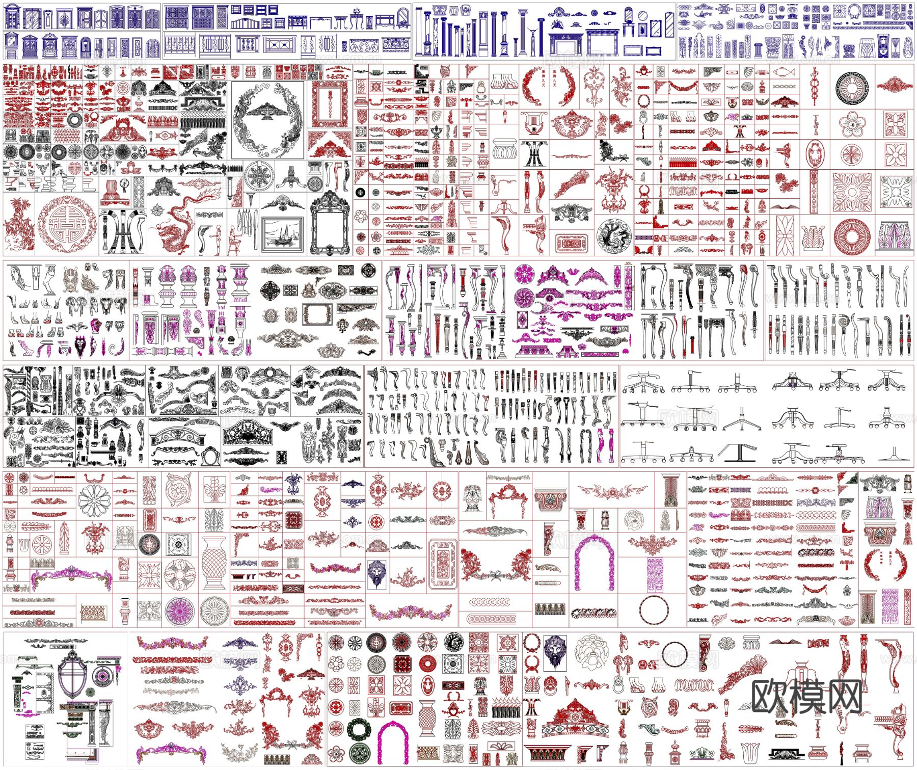 欧式素材 中欧式雕花构件素材CAD图库