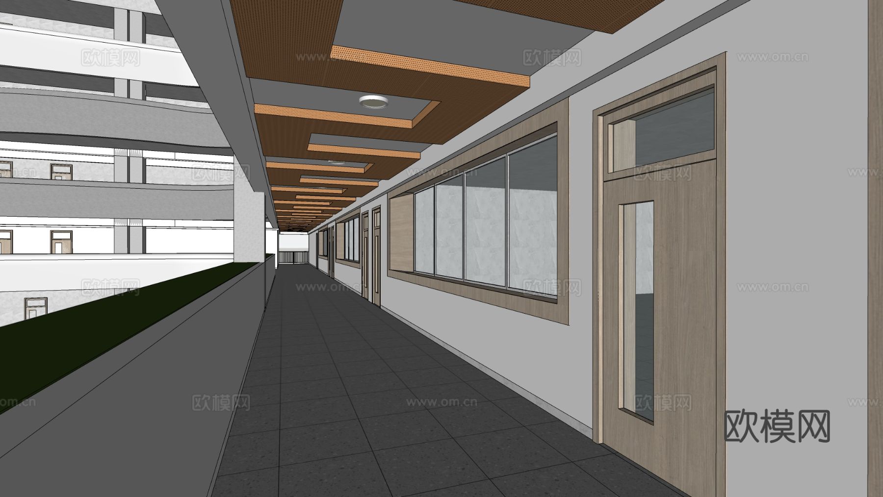 现代走廊过道 学校走廊 走廊文化墙su模型
