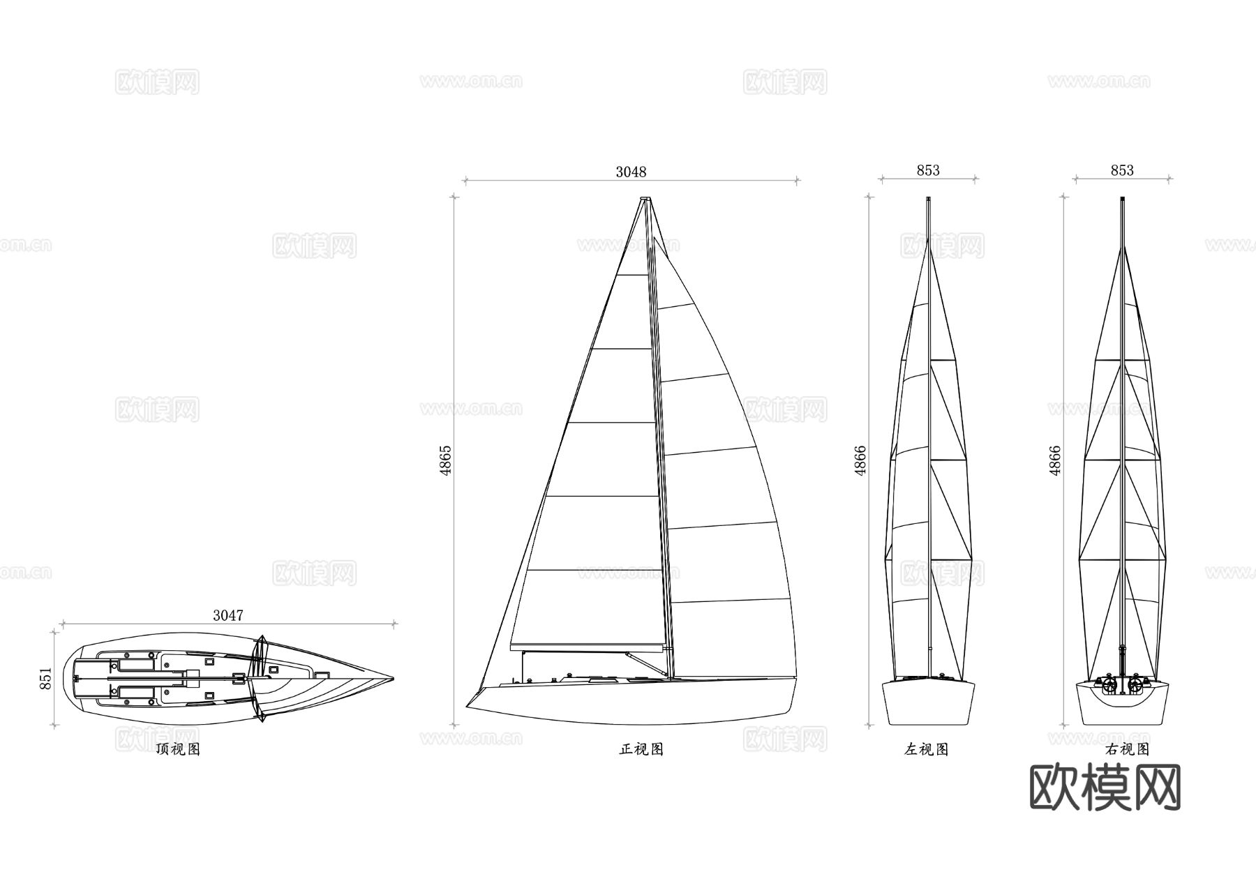 帆船 游艇 帆板船 巡航帆船 竞速帆船CAD三视图