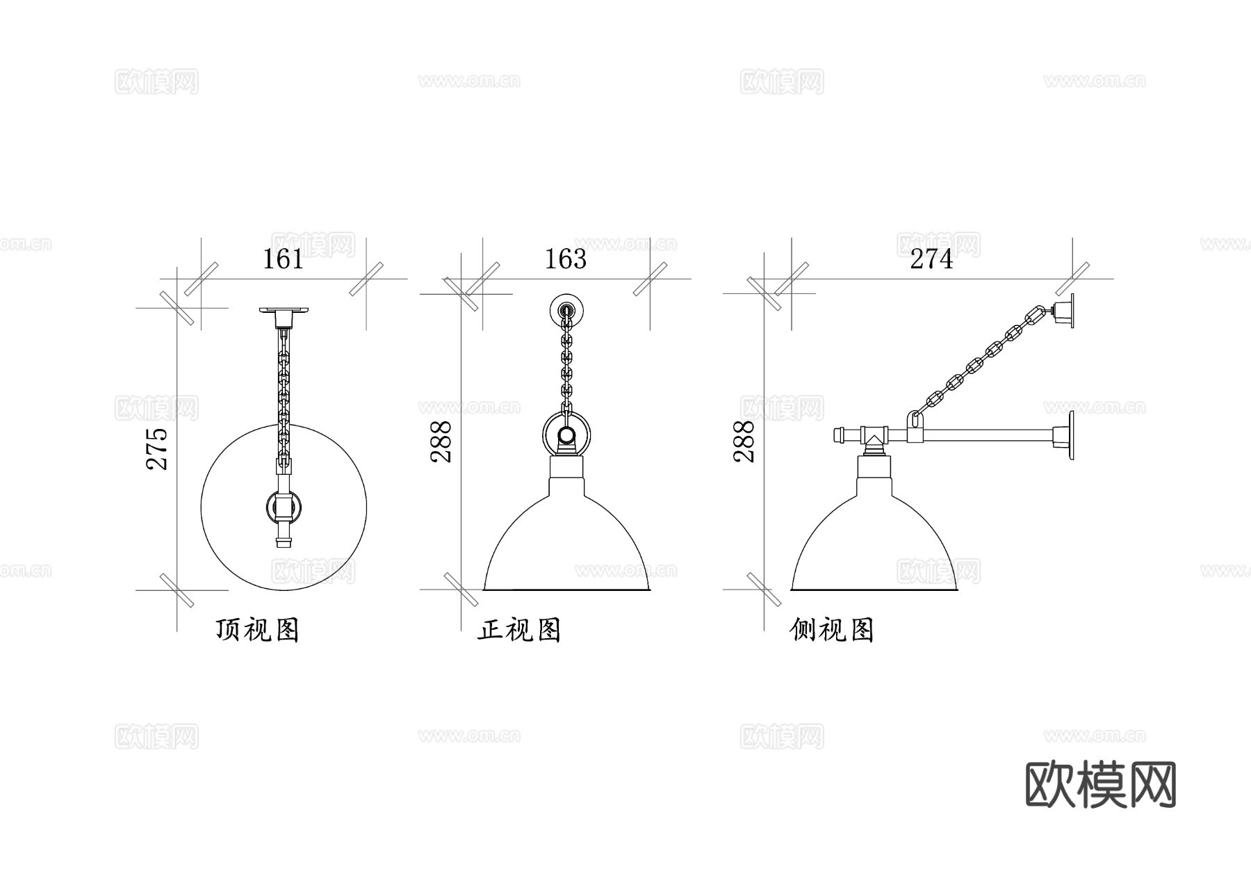 工业风农场灯 仓库灯 复古铁艺灯 谷仓灯三视图