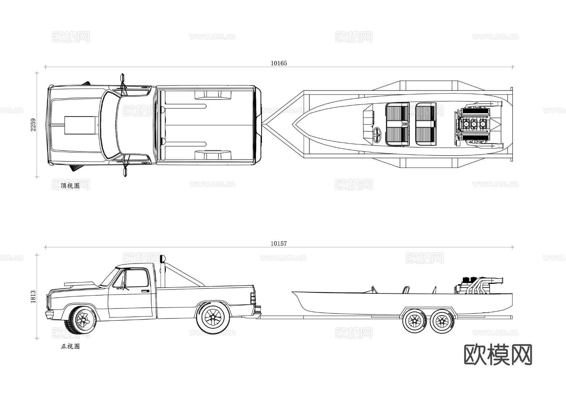 带船拖车的卡车 船用拖车卡车CAD顶视图 正视图