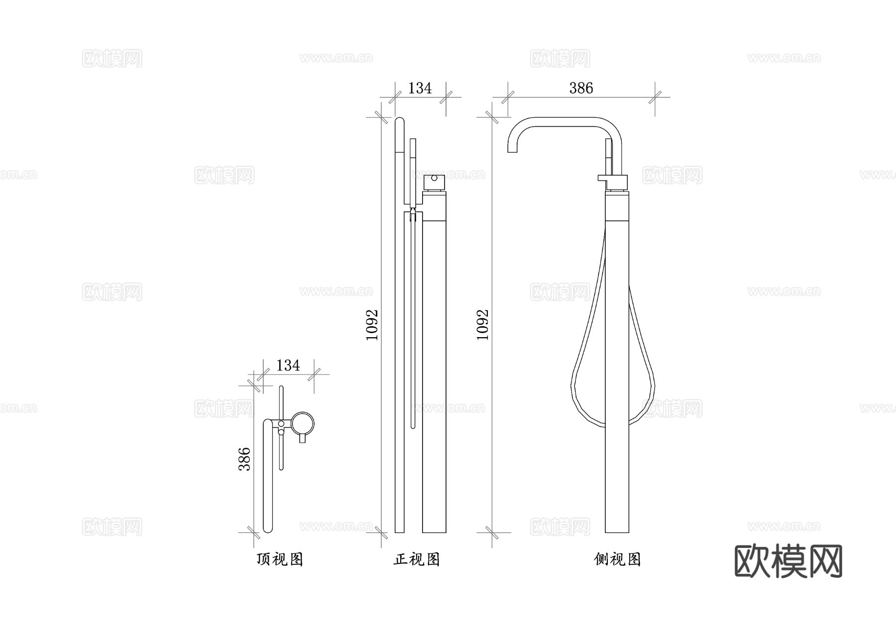 独立式淋浴设施 独立淋浴间CAD三视图下载
