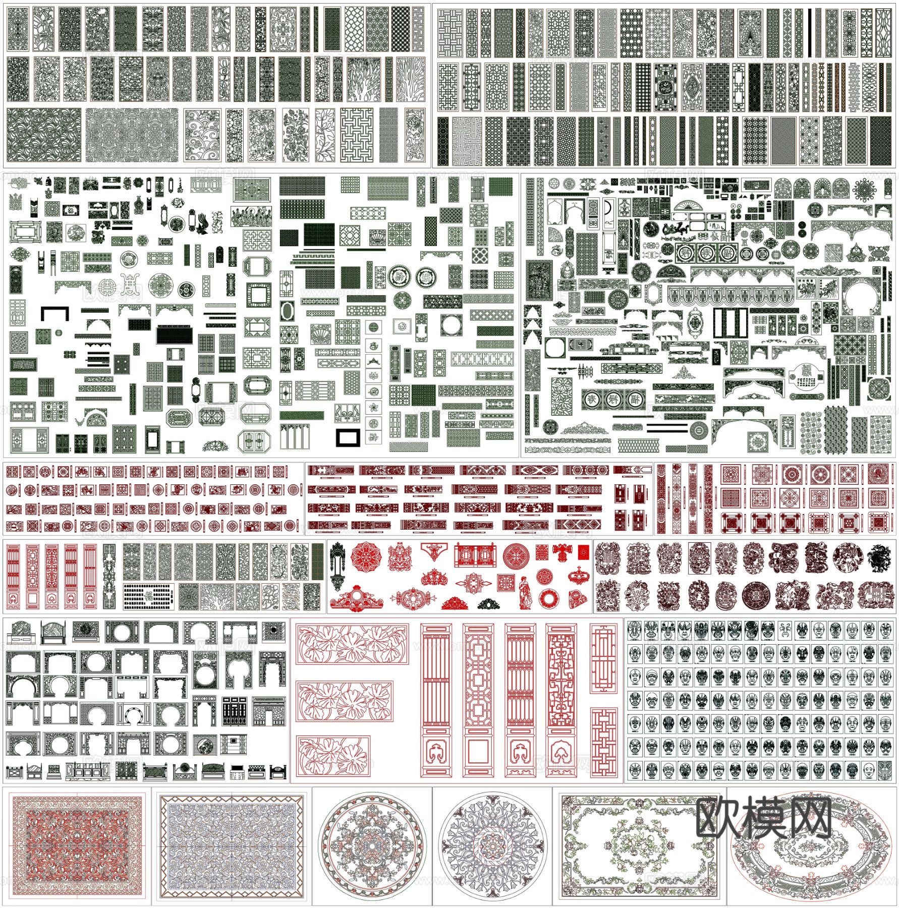 中式元素 屏风 雕花CAD图块下载（渲染图1）