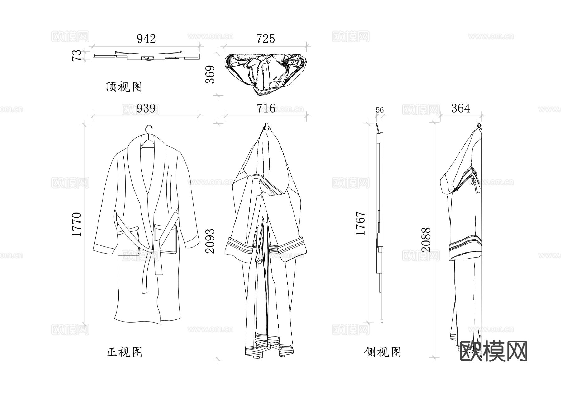 浴室袍 浴衣 晨袍 家居袍 护理袍cad大样图