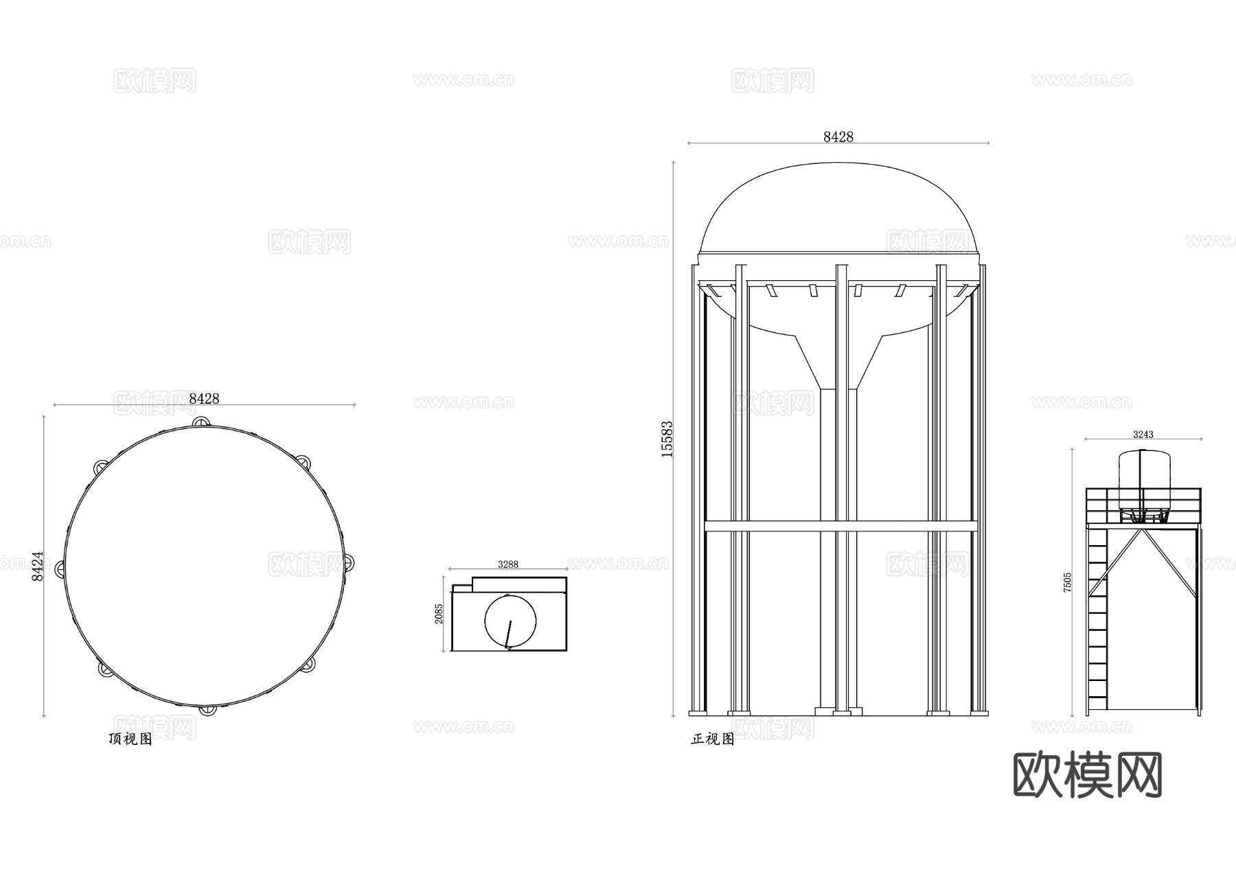 高架水箱 屋顶水箱 升降水箱 储水塔 高位水箱CAD三视图下载