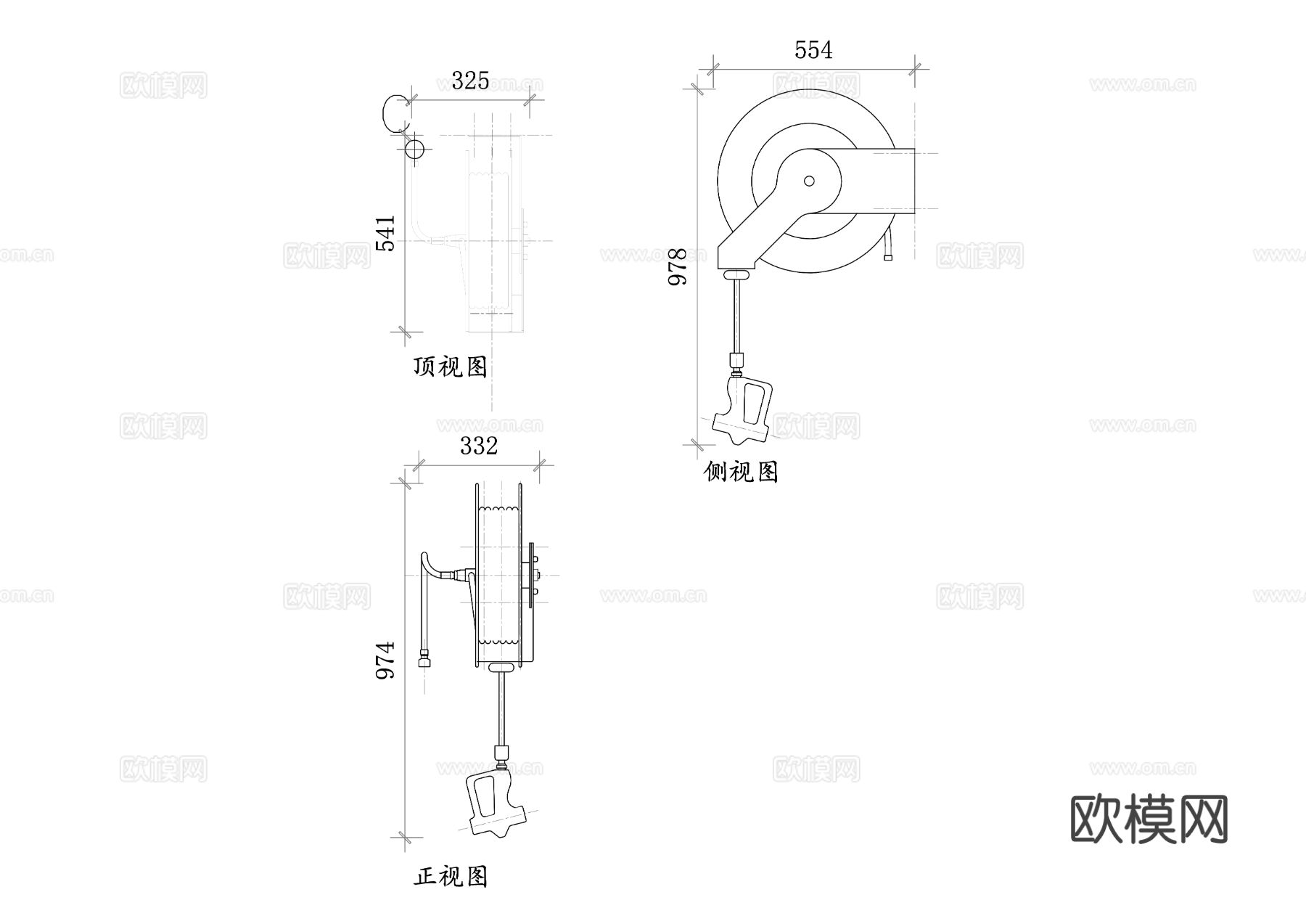 带枪软管卷盘 软管卷盘带喷枪CAD三视图