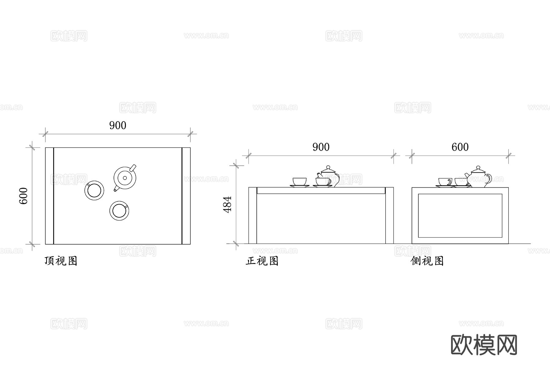 现代茶几 简约茶几CAD三视图