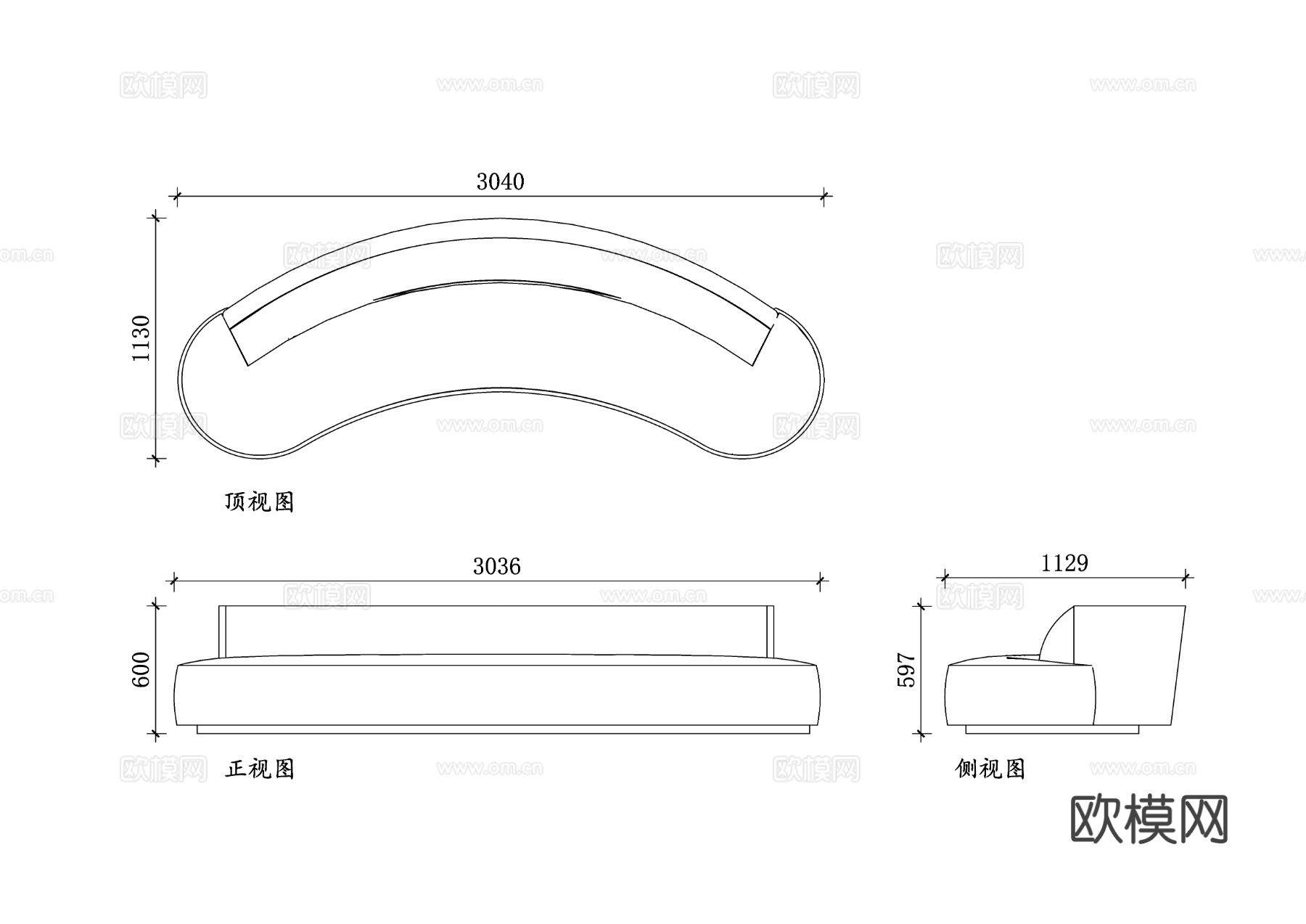 弧形中世纪沙发 曲线中世纪沙发CAD三视图