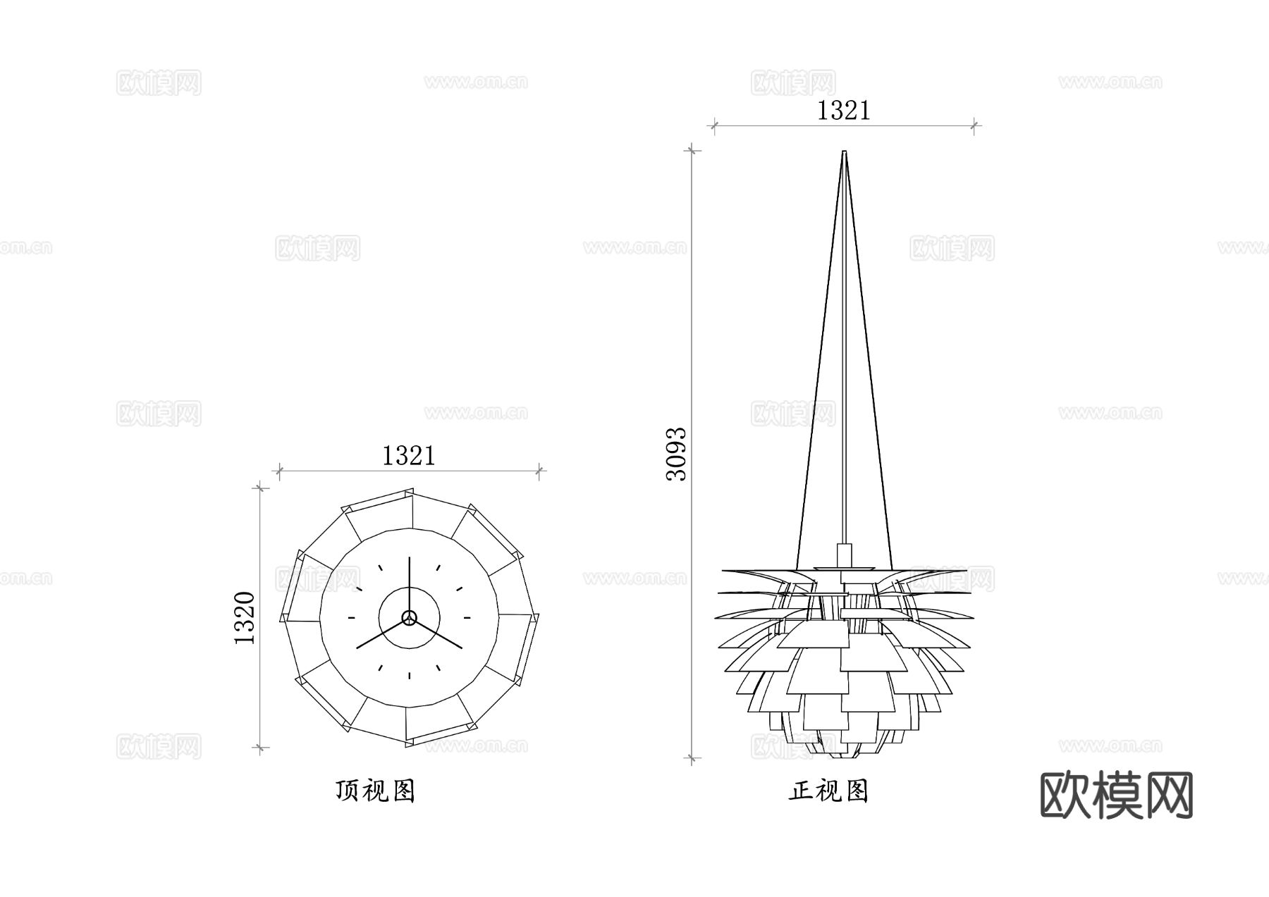 艺术装饰灯 朝鲜蓟造型灯正视图 顶视图