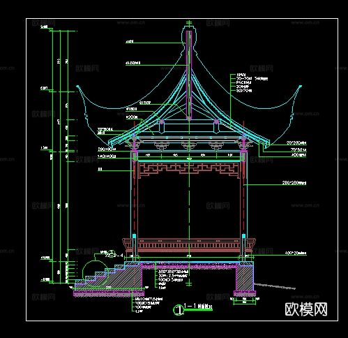 公园仿古翘角 四角亭CAD施工图