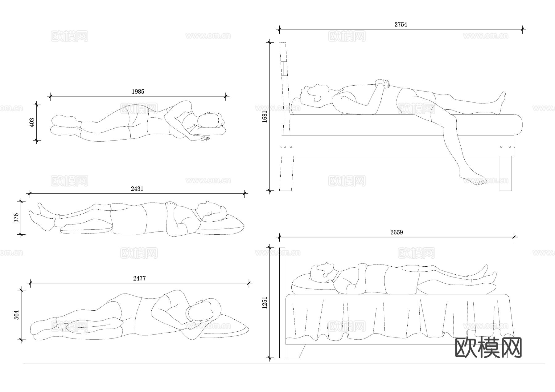 睡眠姿势图 睡姿示意图cad图库
