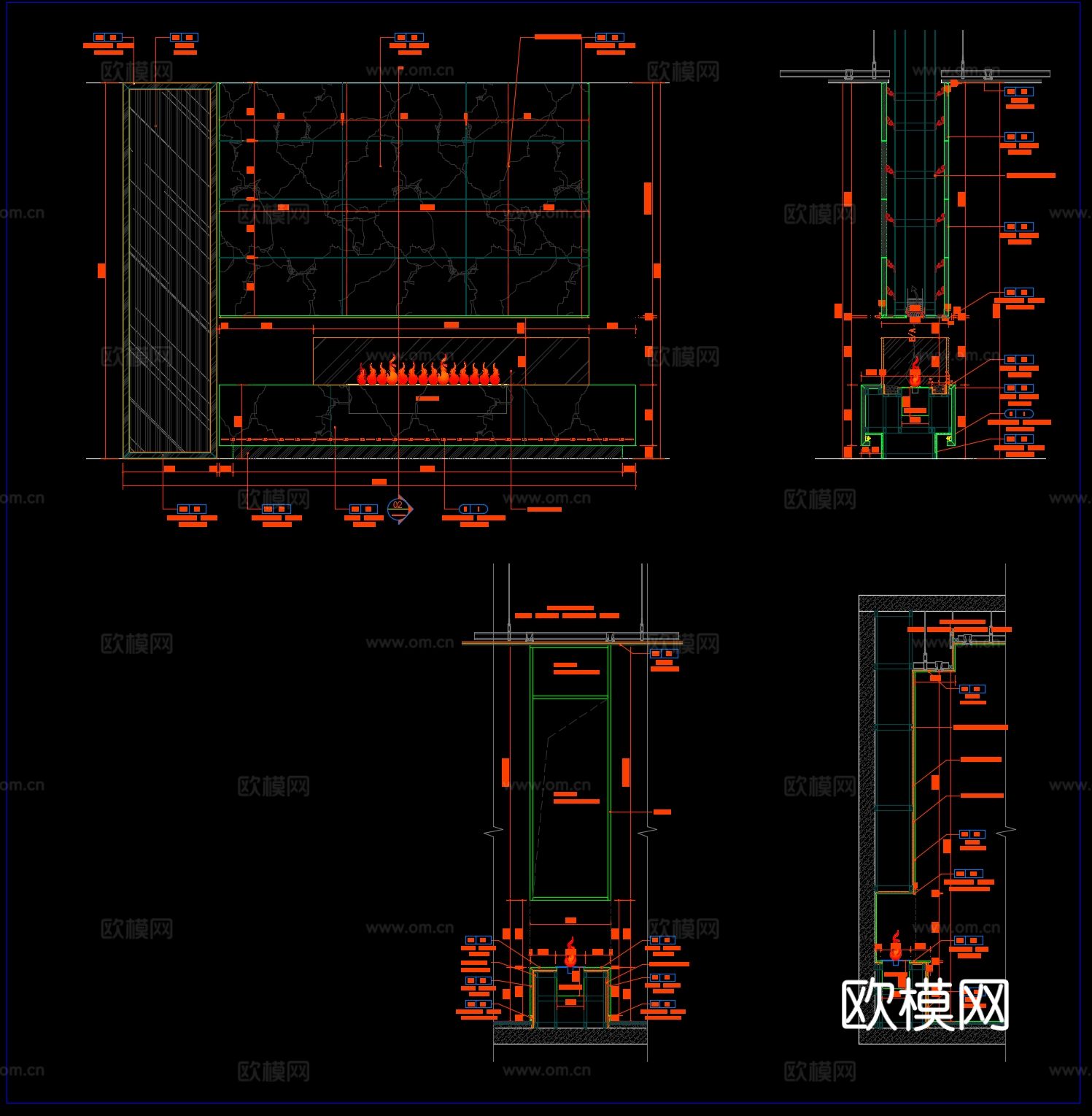 悬浮背景墙电子壁炉cad节点图