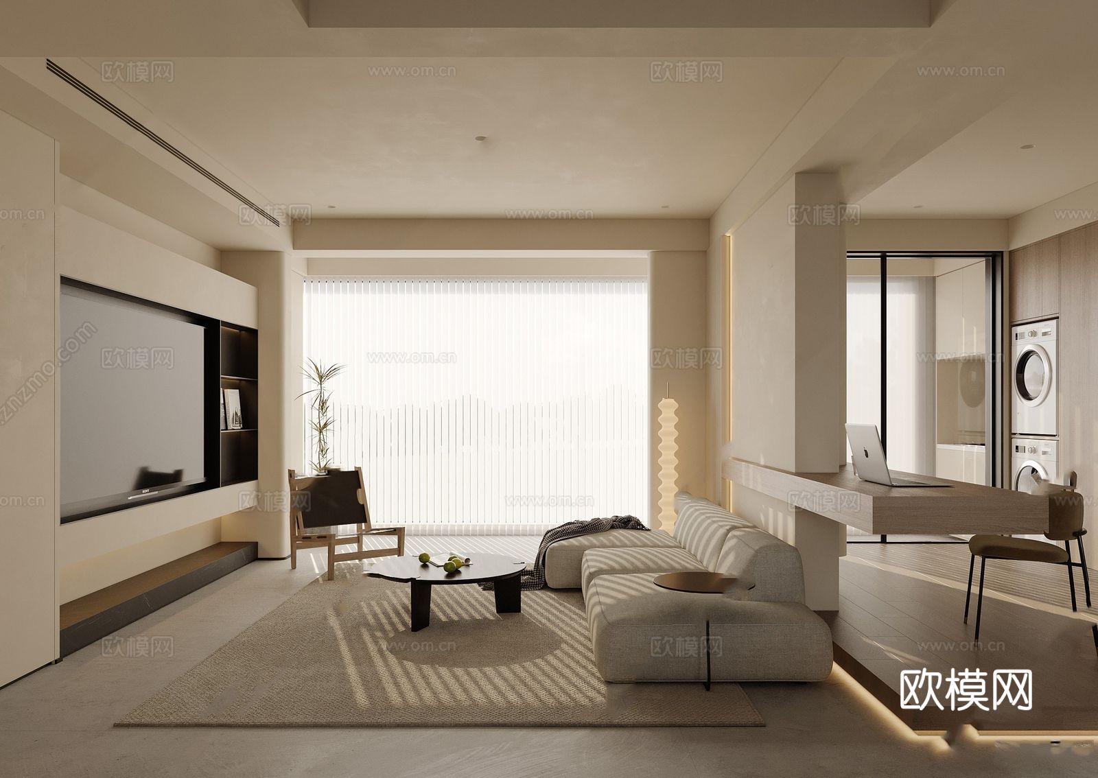 现代极简二居室CAD施工图下载（渲染图1）