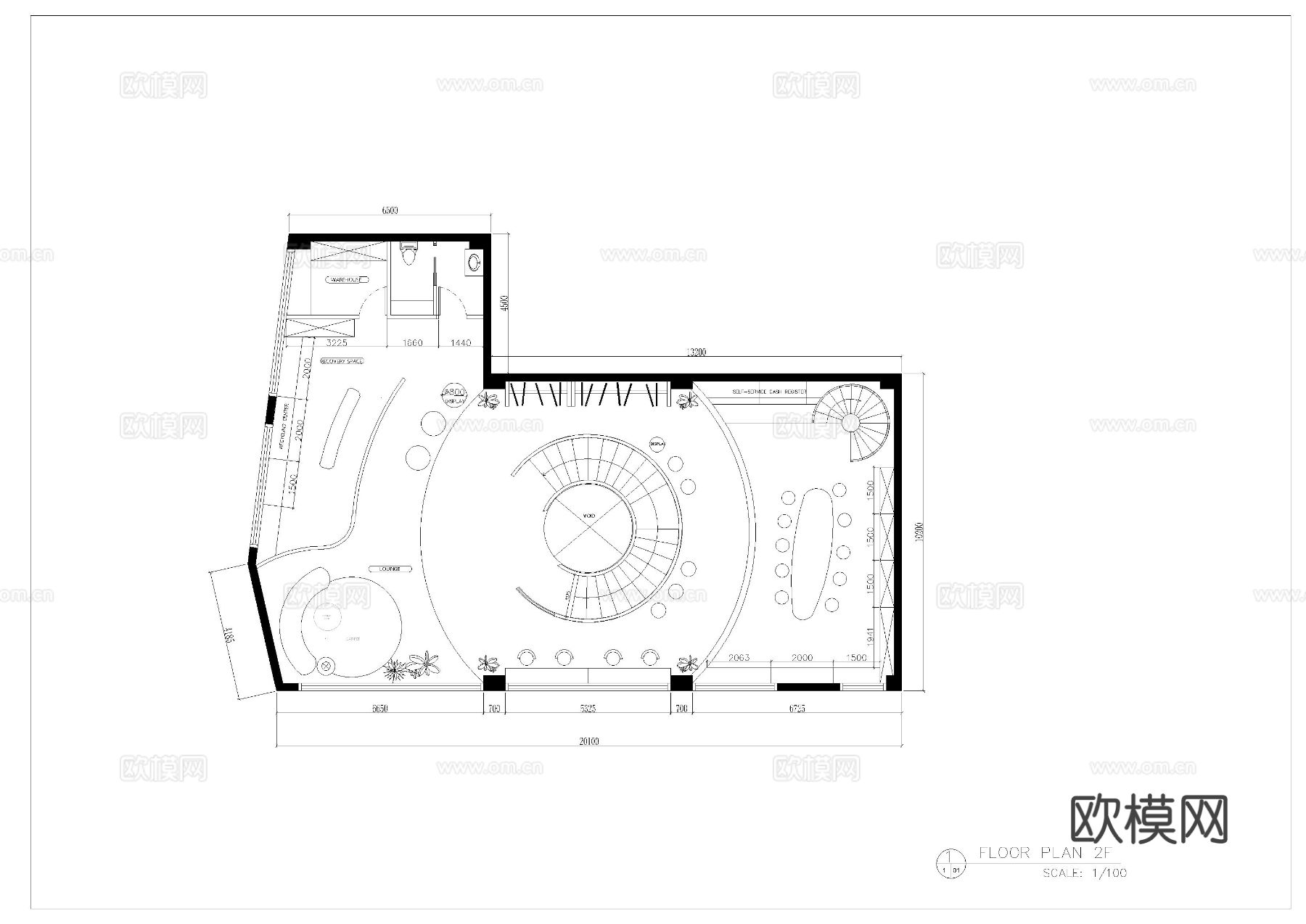 现代客厅螺旋楼梯双层复式平面cad施工图