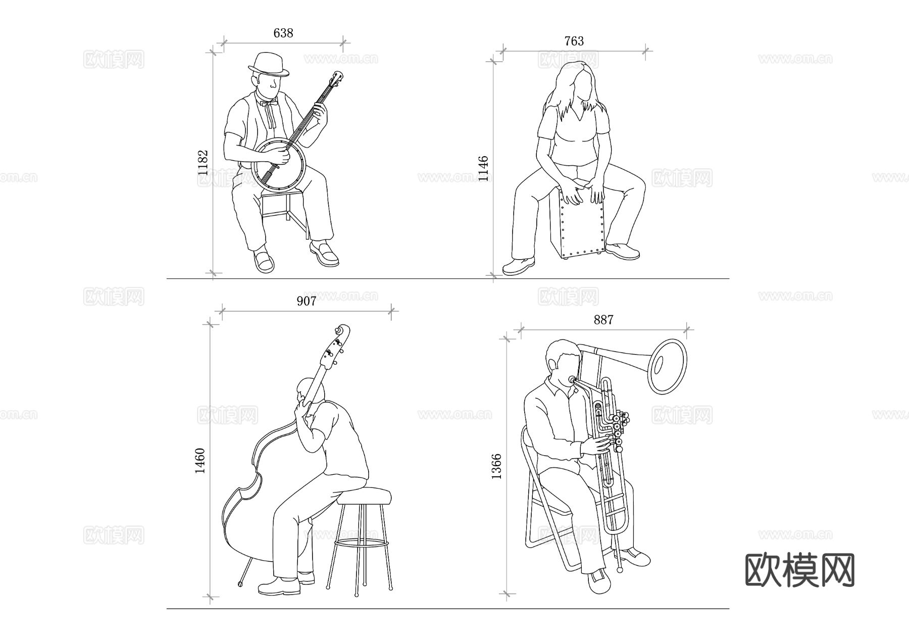 乐器演奏姿势cad图库