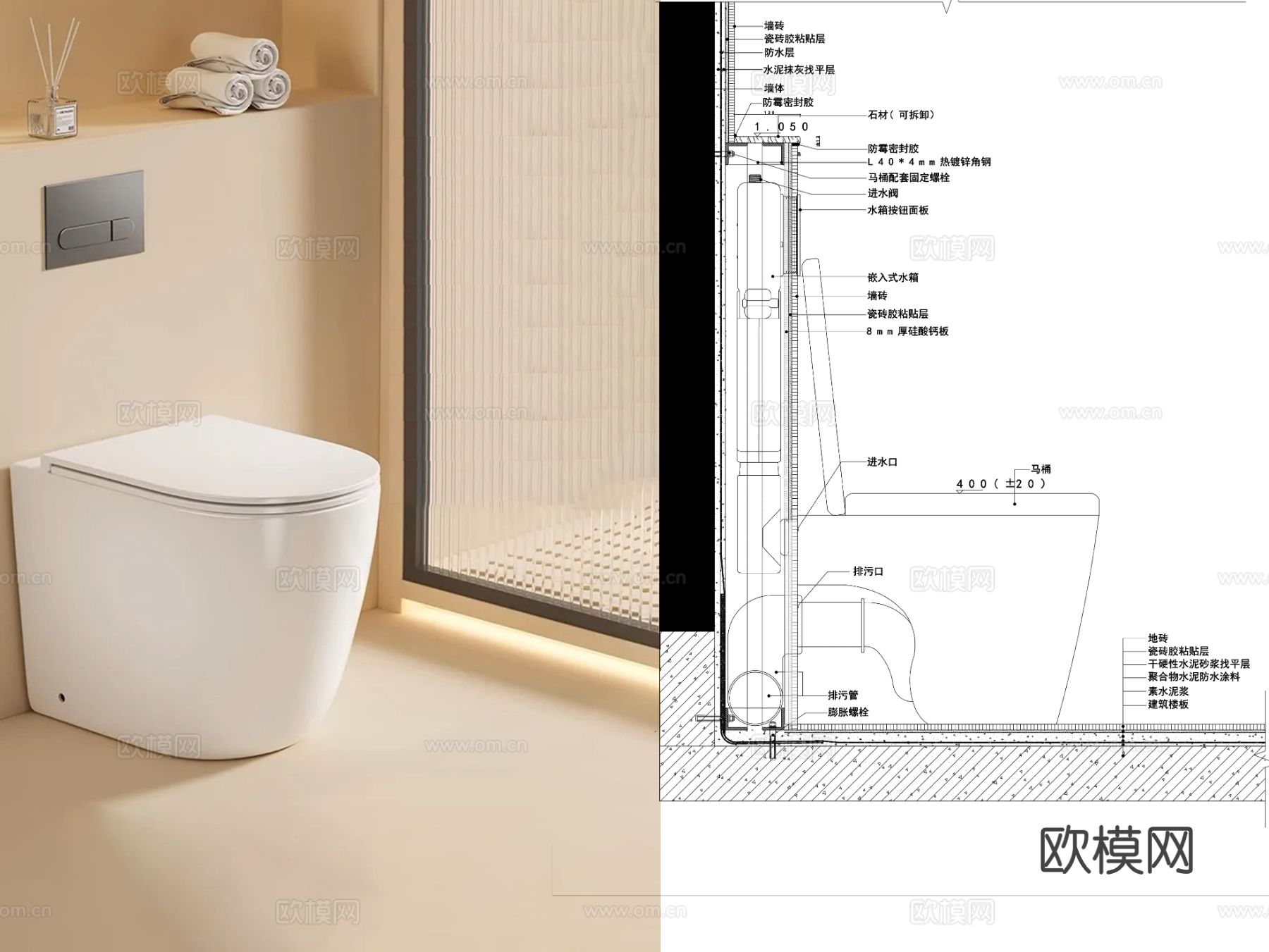 隐藏式水箱落地马桶cad节点图