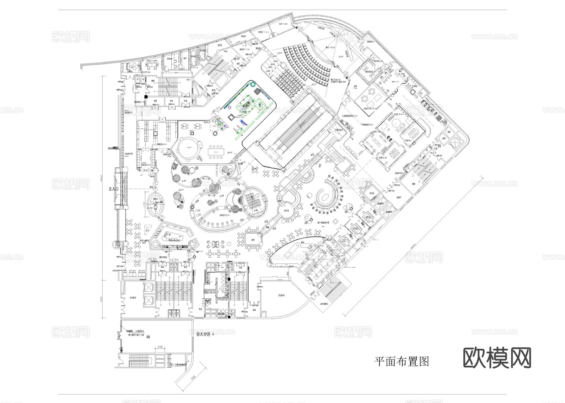 8套美食广场 美食城美食街cad平面图下载（渲染图1）