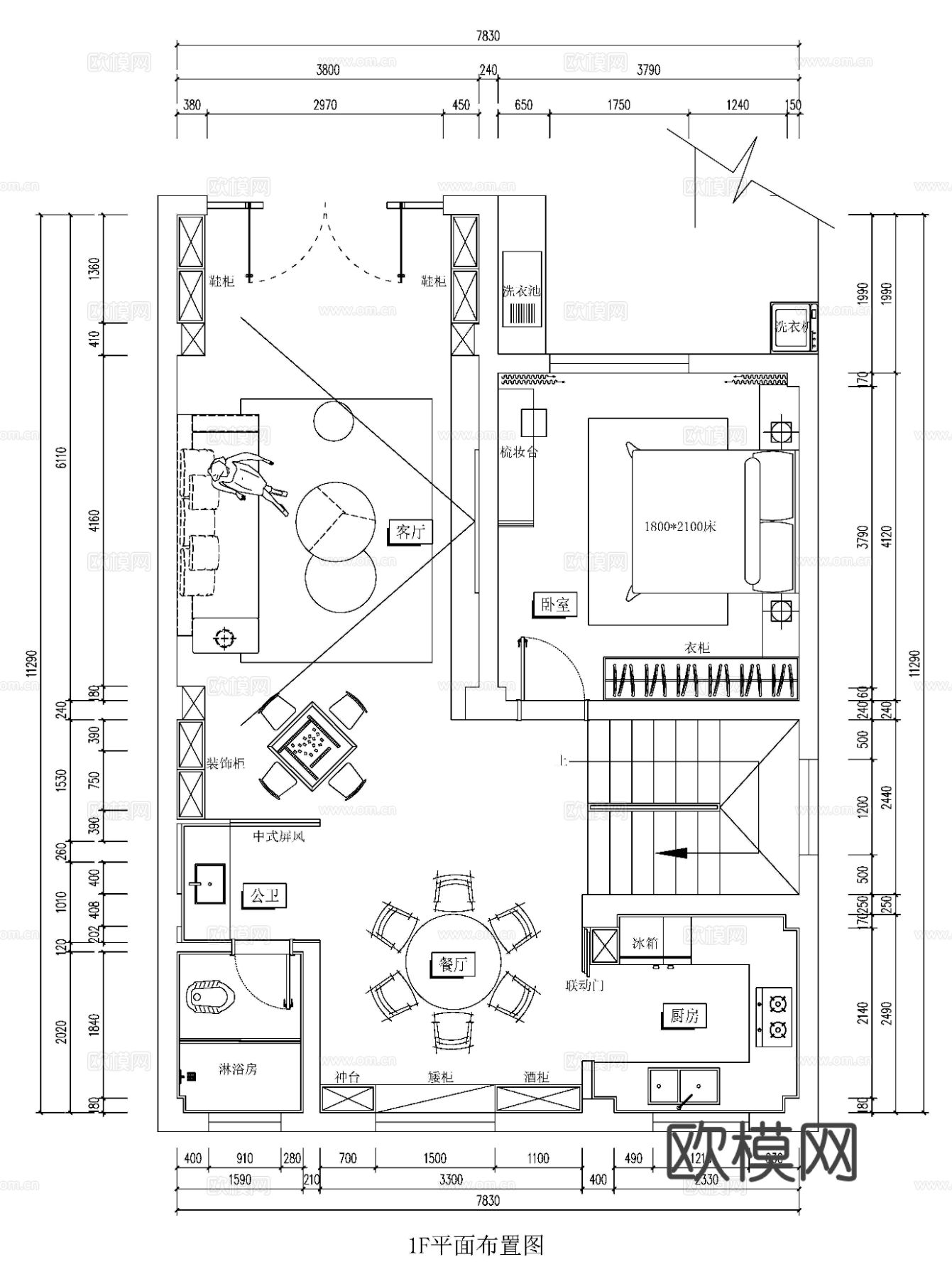 现代3层别墅样板间cad平面图下载（渲染图2）