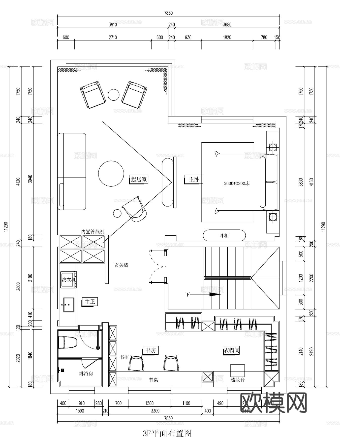 现代3层别墅样板间cad平面图下载（渲染图4）