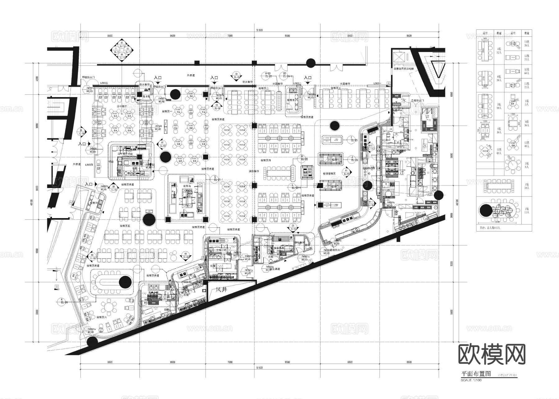 8套美食广场 美食城美食街cad平面图下载（渲染图4）