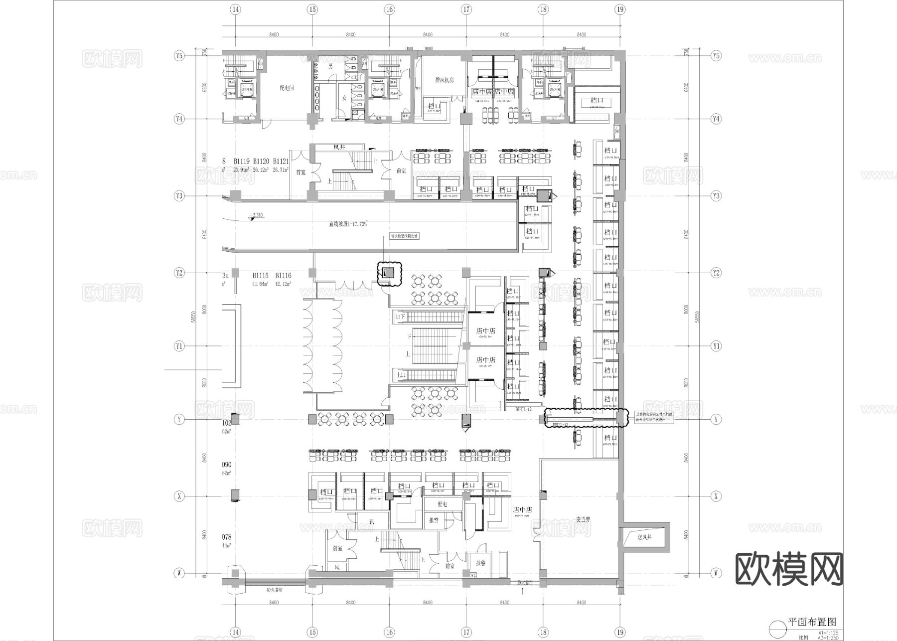 1990㎡美食城 美食广场美食街cad平面图下载（渲染图1）