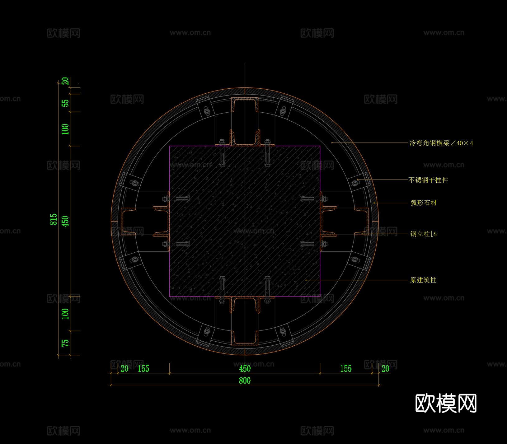 石材包圆柱cad节点图下载（渲染图2）