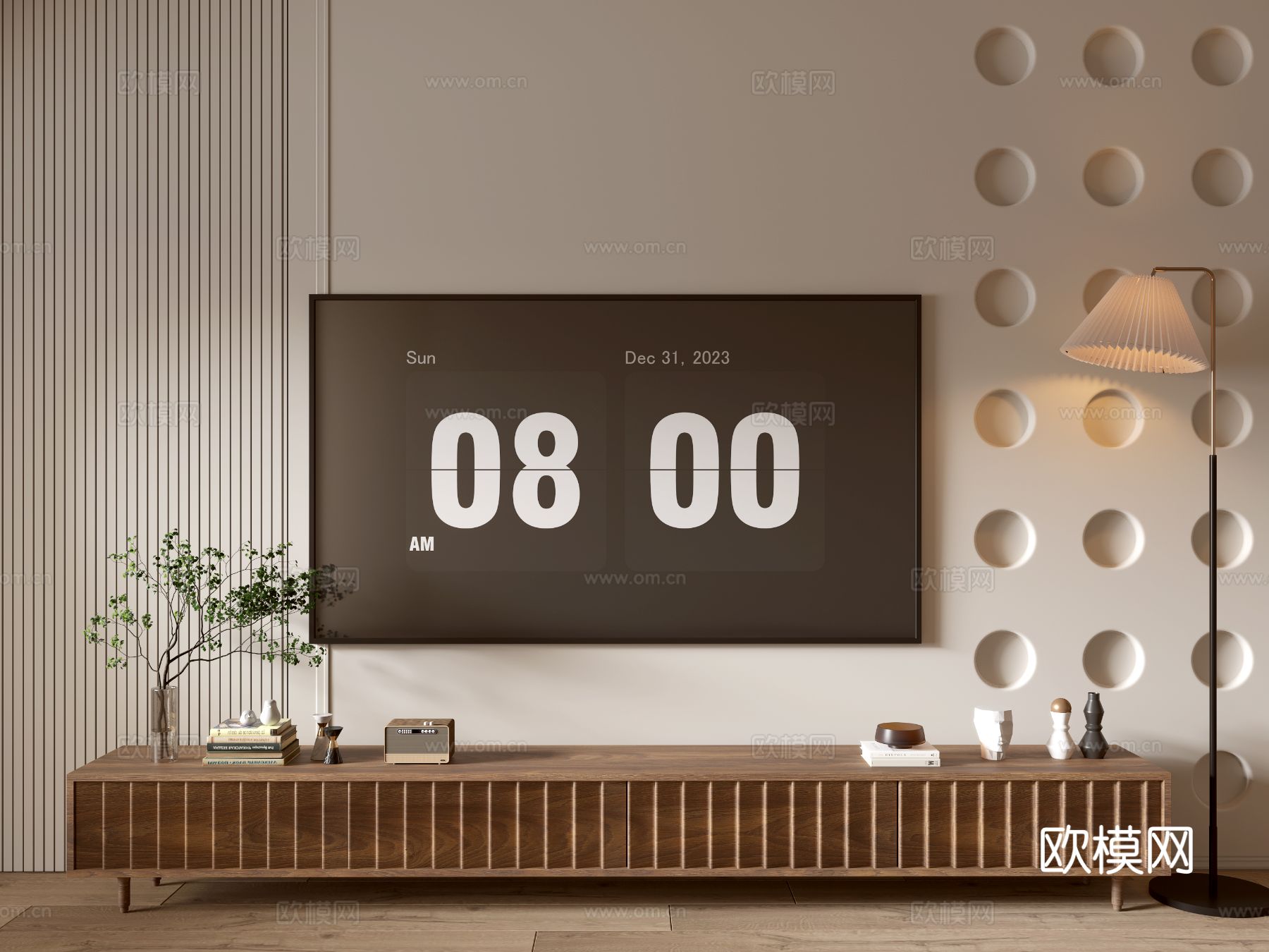 原木风木纹电视柜su模型下载（渲染图2）