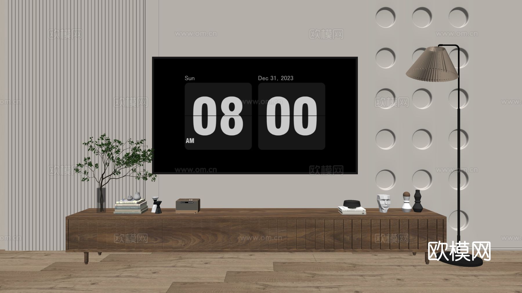 原木风木纹电视柜su模型下载（渲染图1）