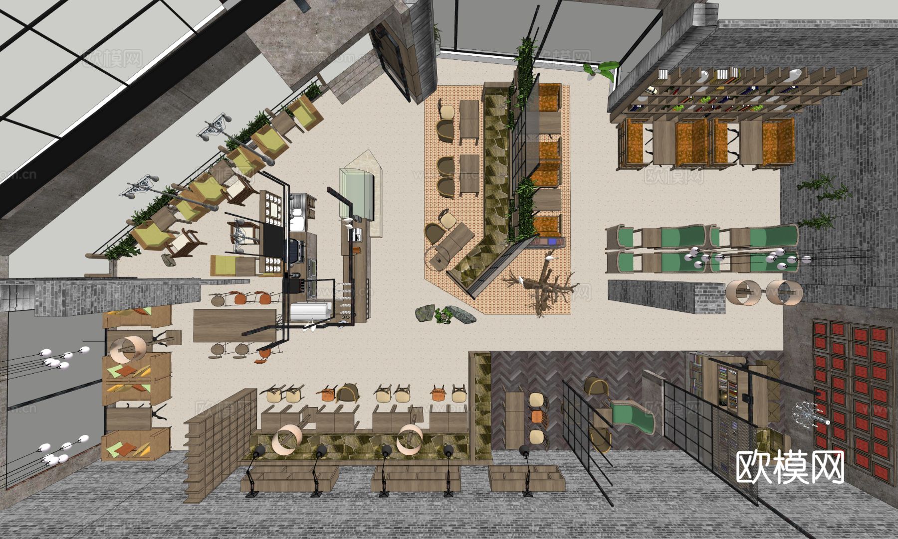 工业风咖啡厅 咖啡馆su模型下载（渲染图1）