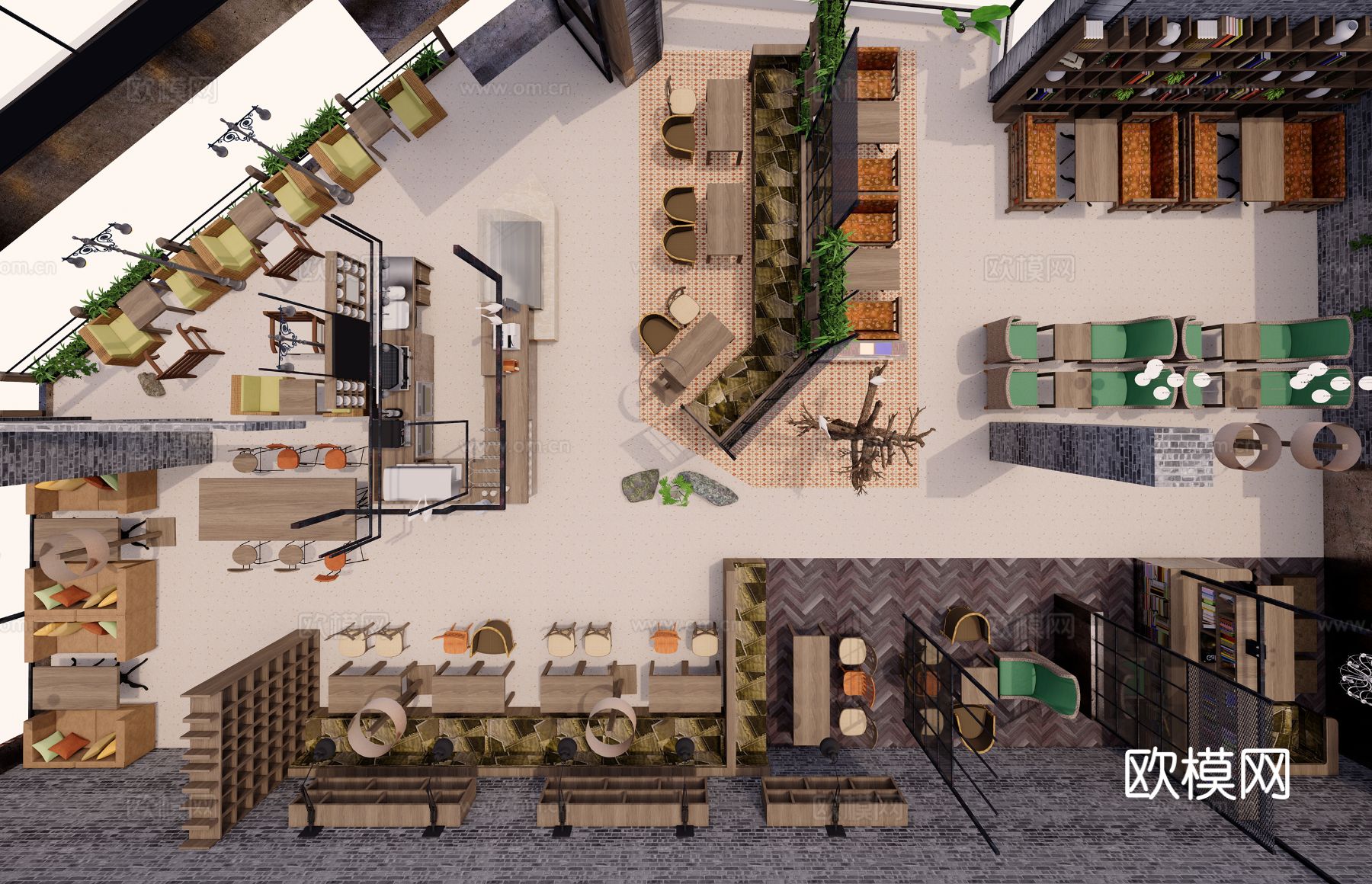 工业风咖啡厅 咖啡馆su模型下载（渲染图2）