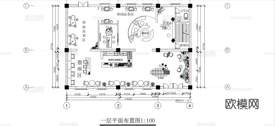 酒咖cad平面圖立面圖下載(渲染圖1)