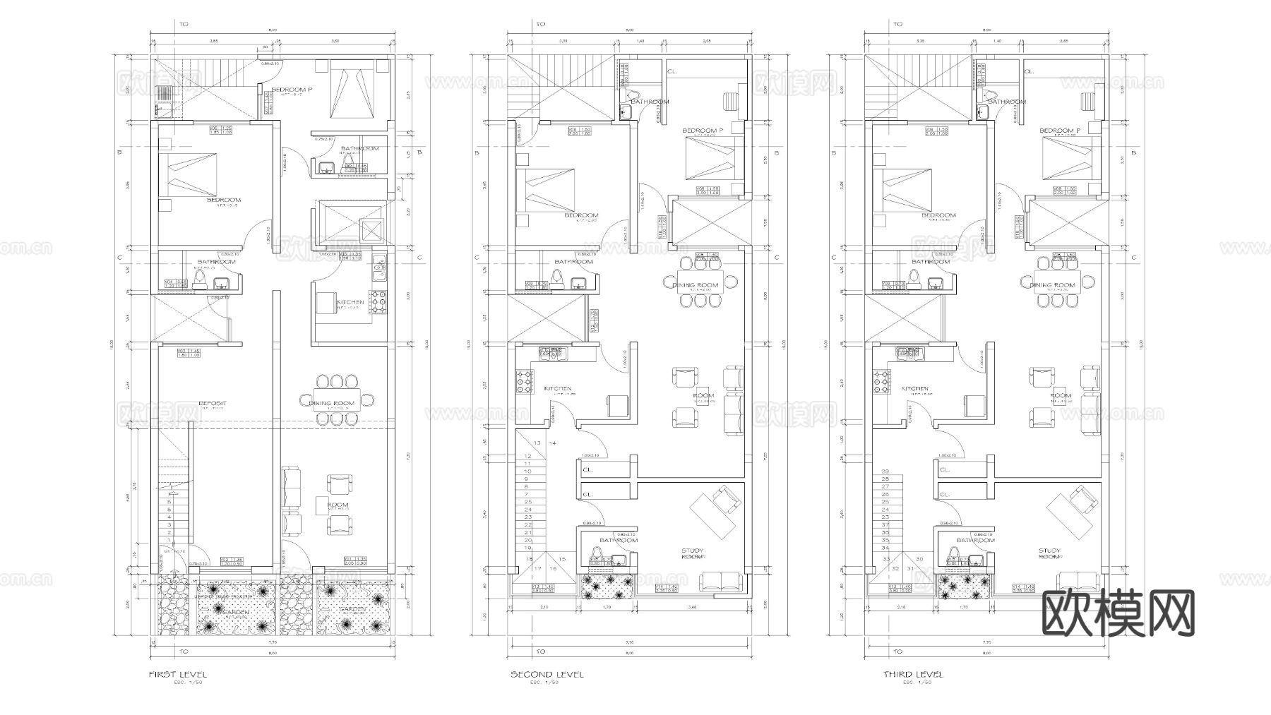 三个独立层的住宅cad平面图