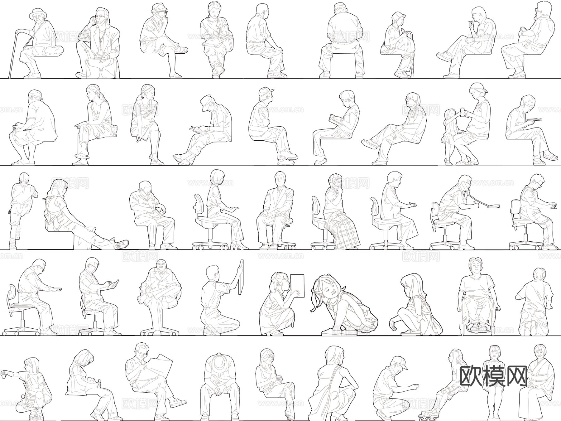 2025年最新人物男人女人儿童坐姿蹲姿cad图库下载（渲染图3）