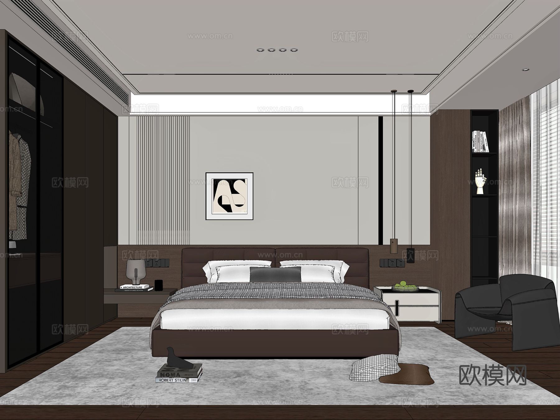 意式轻奢卧室su模型下载（渲染图1）
