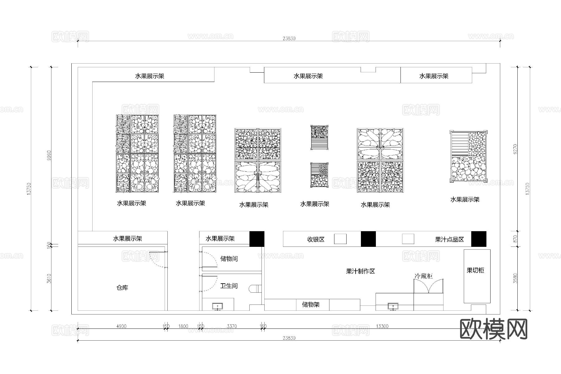 水果店 生鲜店 果蔬店cad平面图