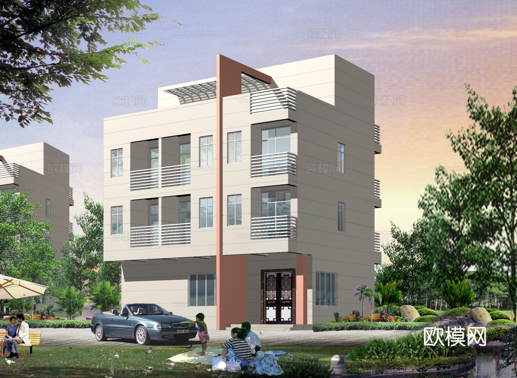 私人别墅建筑结构cad施工图下载（渲染图1）