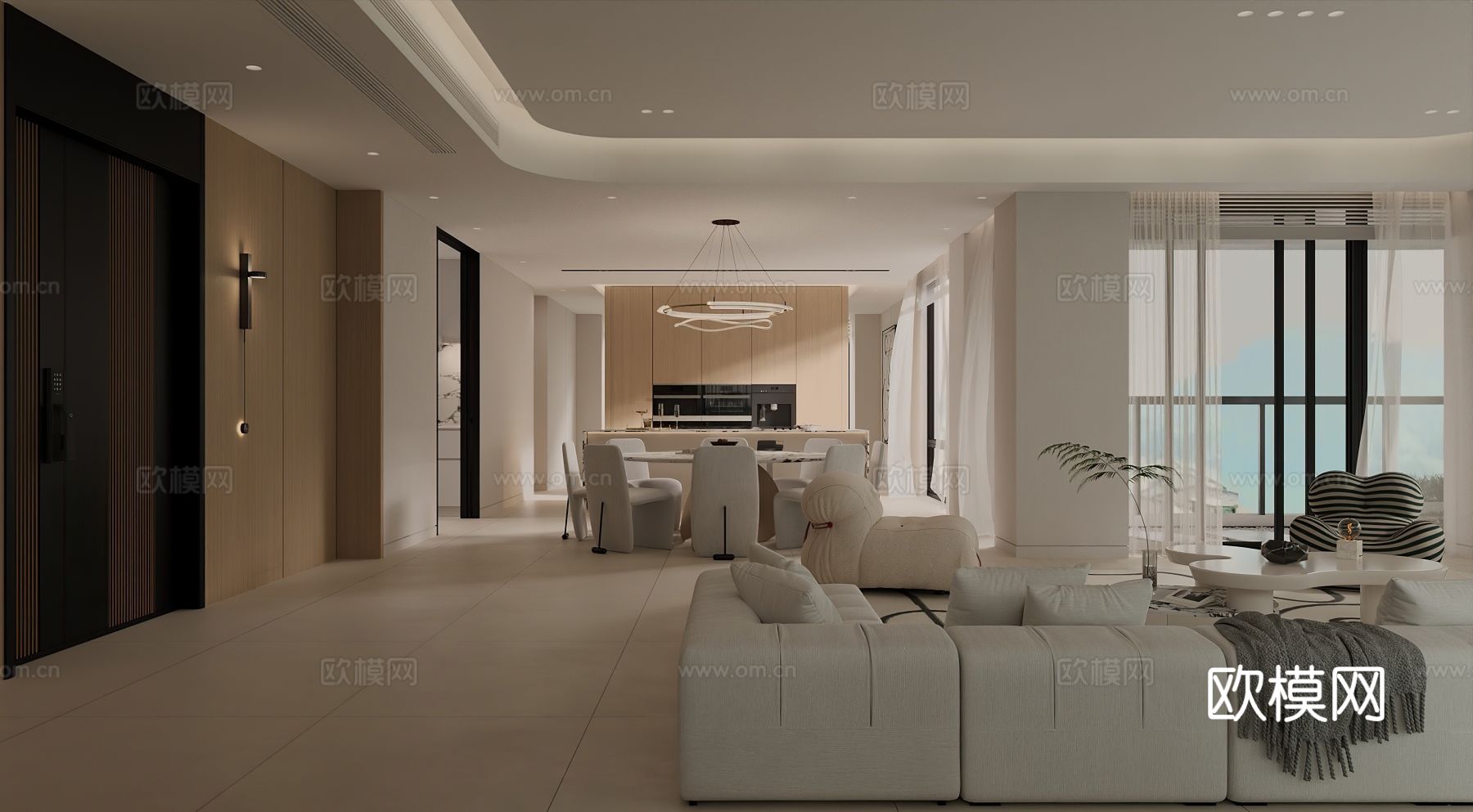 原木奶油风平层装修效果图下载（渲染图2）