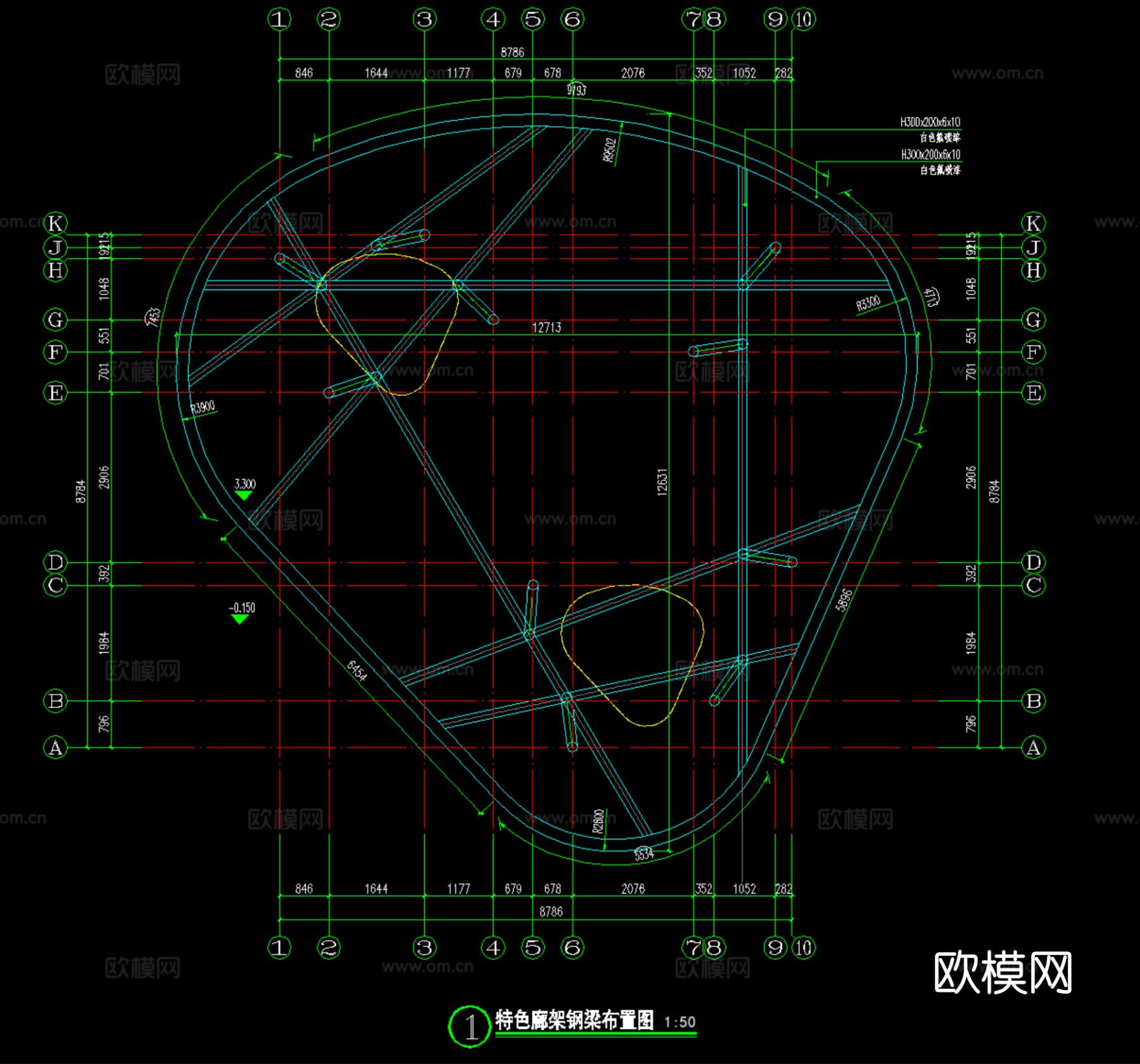 现代异型钢结构廊架节点大样详图下载（渲染图4）