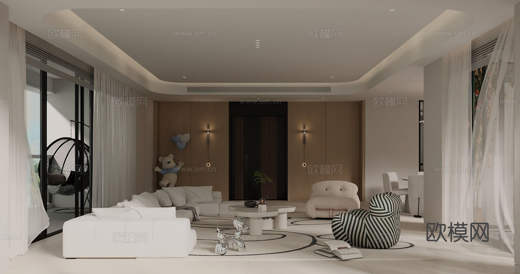 原木奶油风平层装修效果图下载（渲染图1）