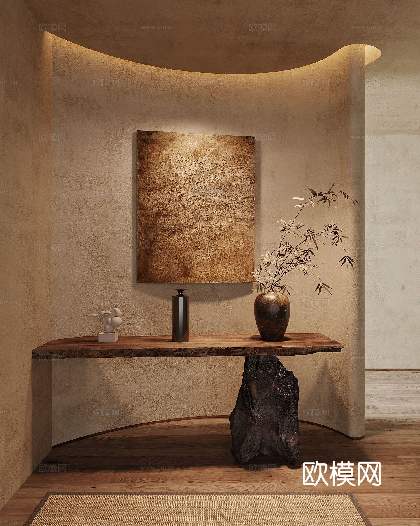 中古风端景台 条案 装饰画 摆件su模型