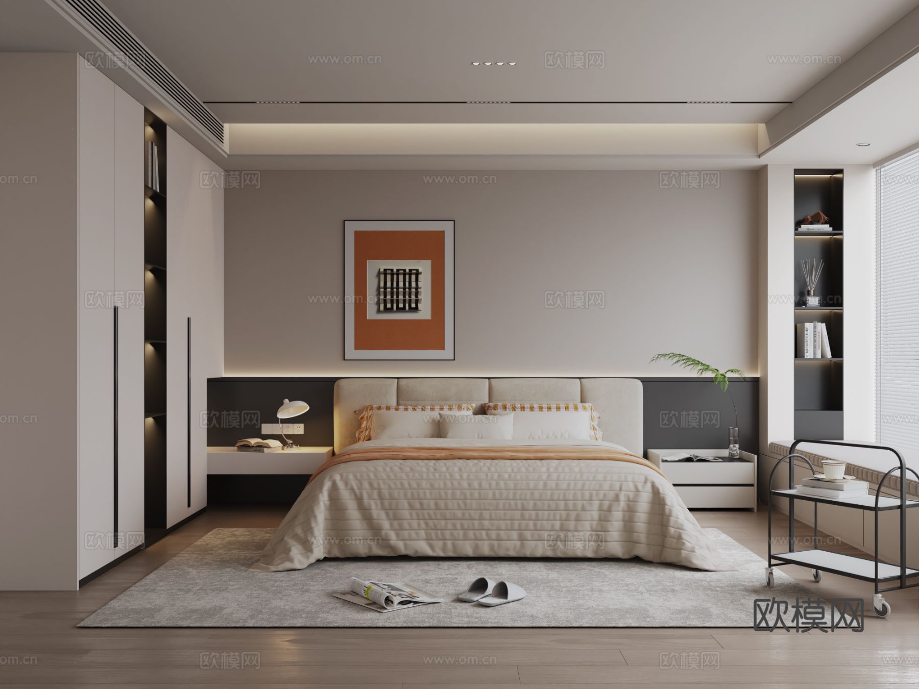 奶油风卧室 无主灯卧室 主卧 次卧 飘窗卧室 双人床su模型