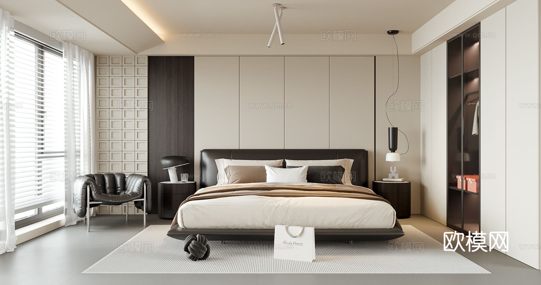 现代卧室 双人床 床头柜 台灯3d模型