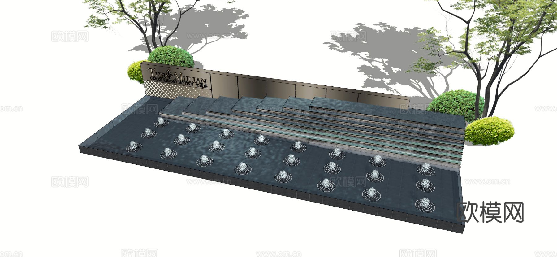 现代水池水景 跌水景墙su模型