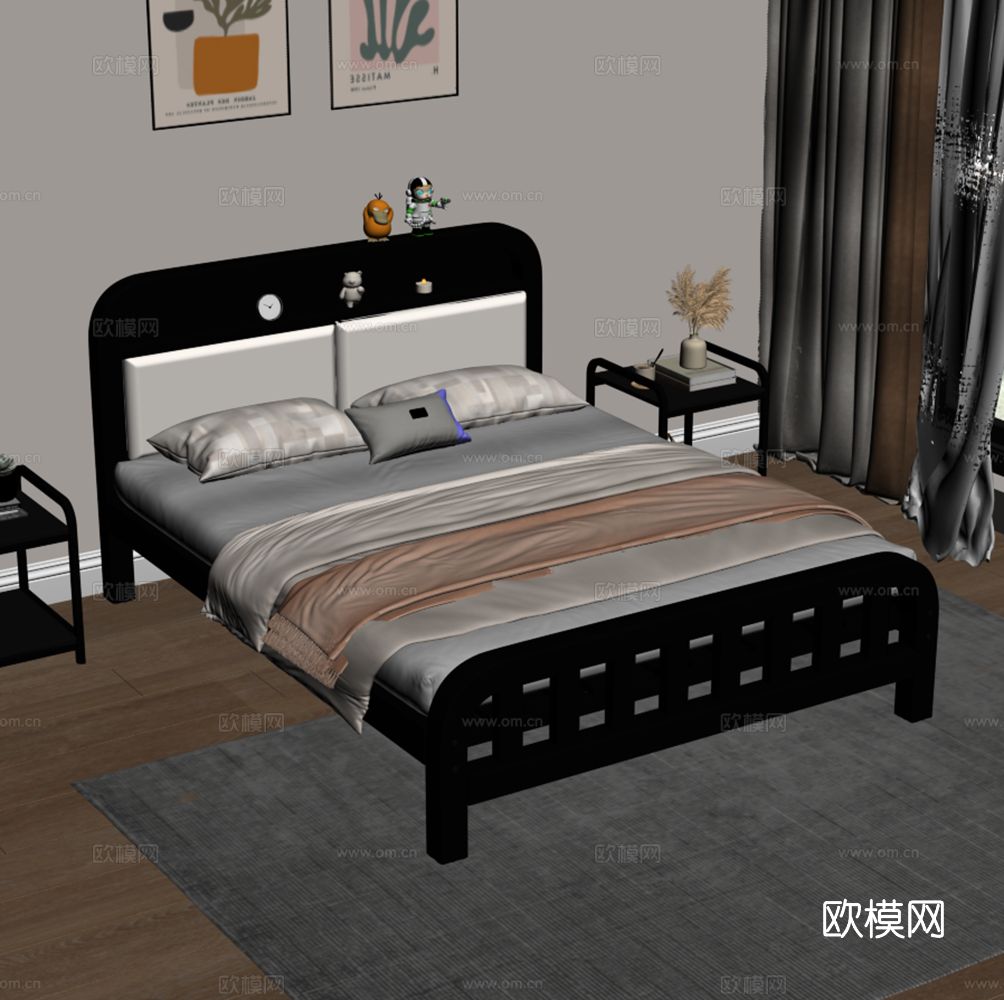 北欧双人床 有床头柜靠背 软包铁艺床 主卧床 床头柜 装饰画su模型