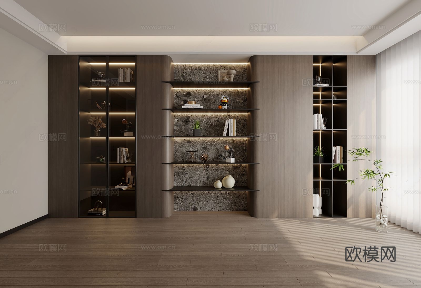 现代书柜 书架 书籍摆件 盆栽 百叶帘3d模型