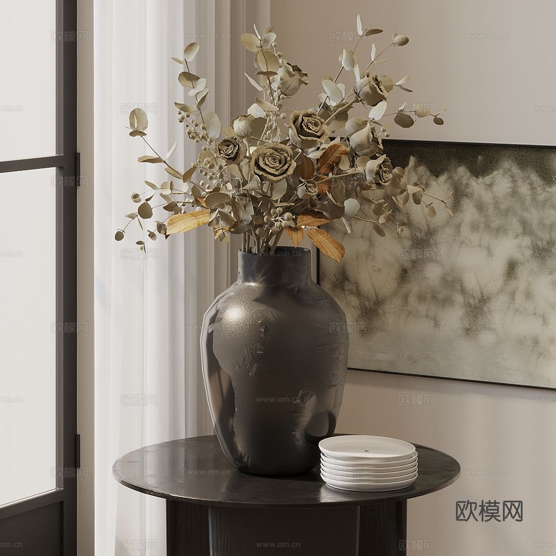 新中式禅意花艺 餐桌花艺摆件 干支花摆件 侘寂风花艺摆件su模型