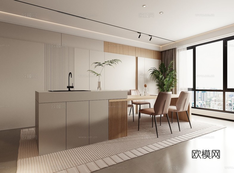现代餐厅 中岛 餐桌椅su模型下载(渲染图4)
