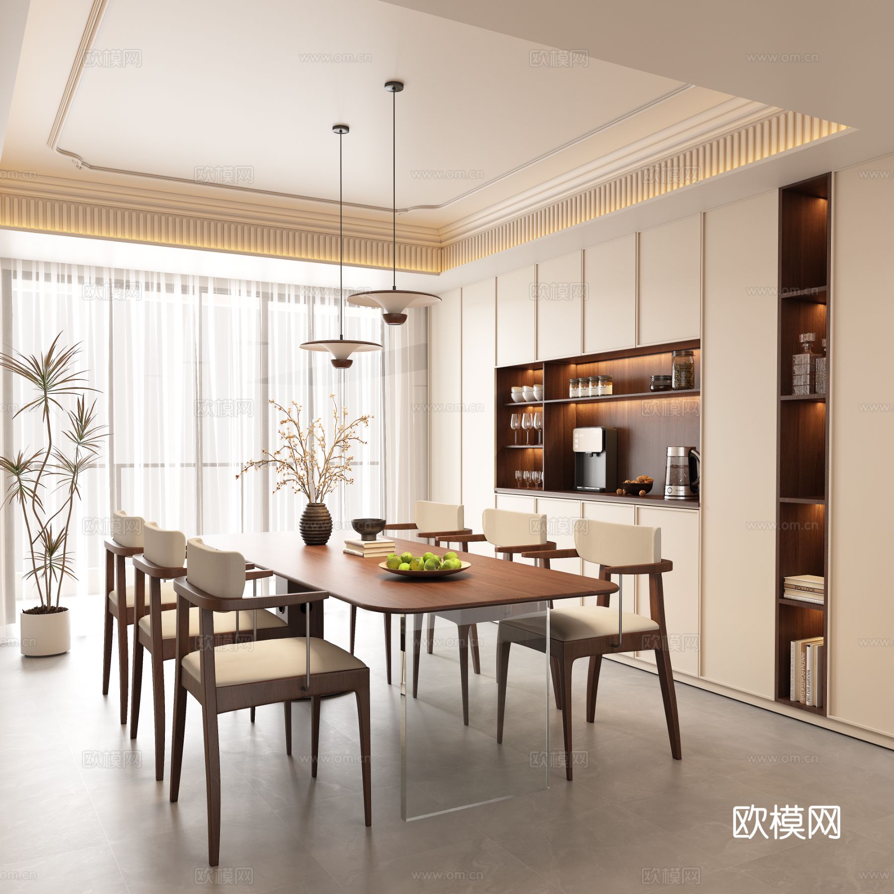 法式中古风餐厅 开放式餐厅 中古风餐边柜 吊灯 餐桌椅组合su模型