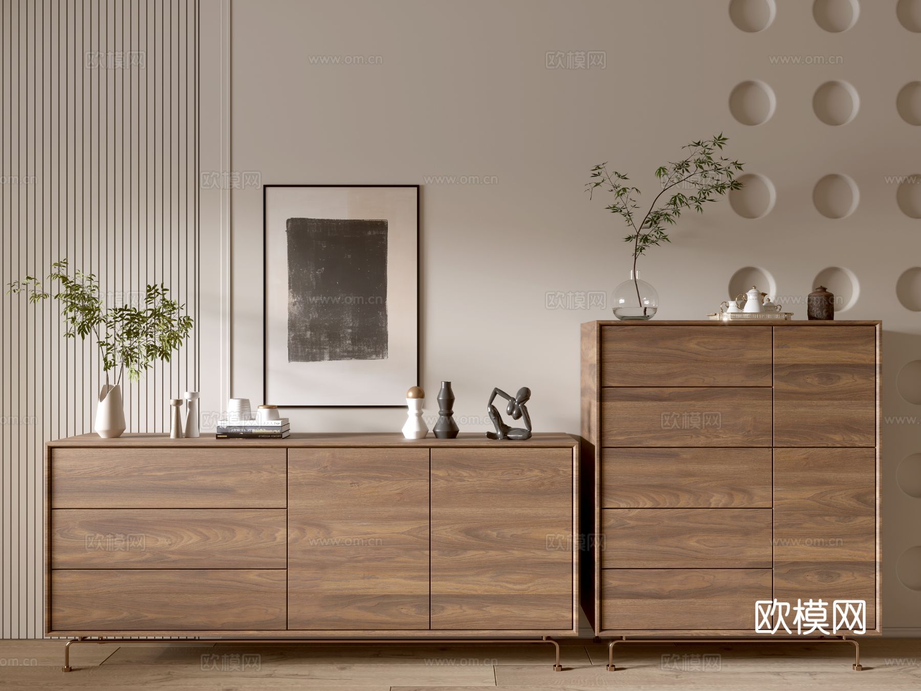 现代木纹柜 极简风柜子  整体柜 餐边柜 阳台柜 储物柜3d模型下载