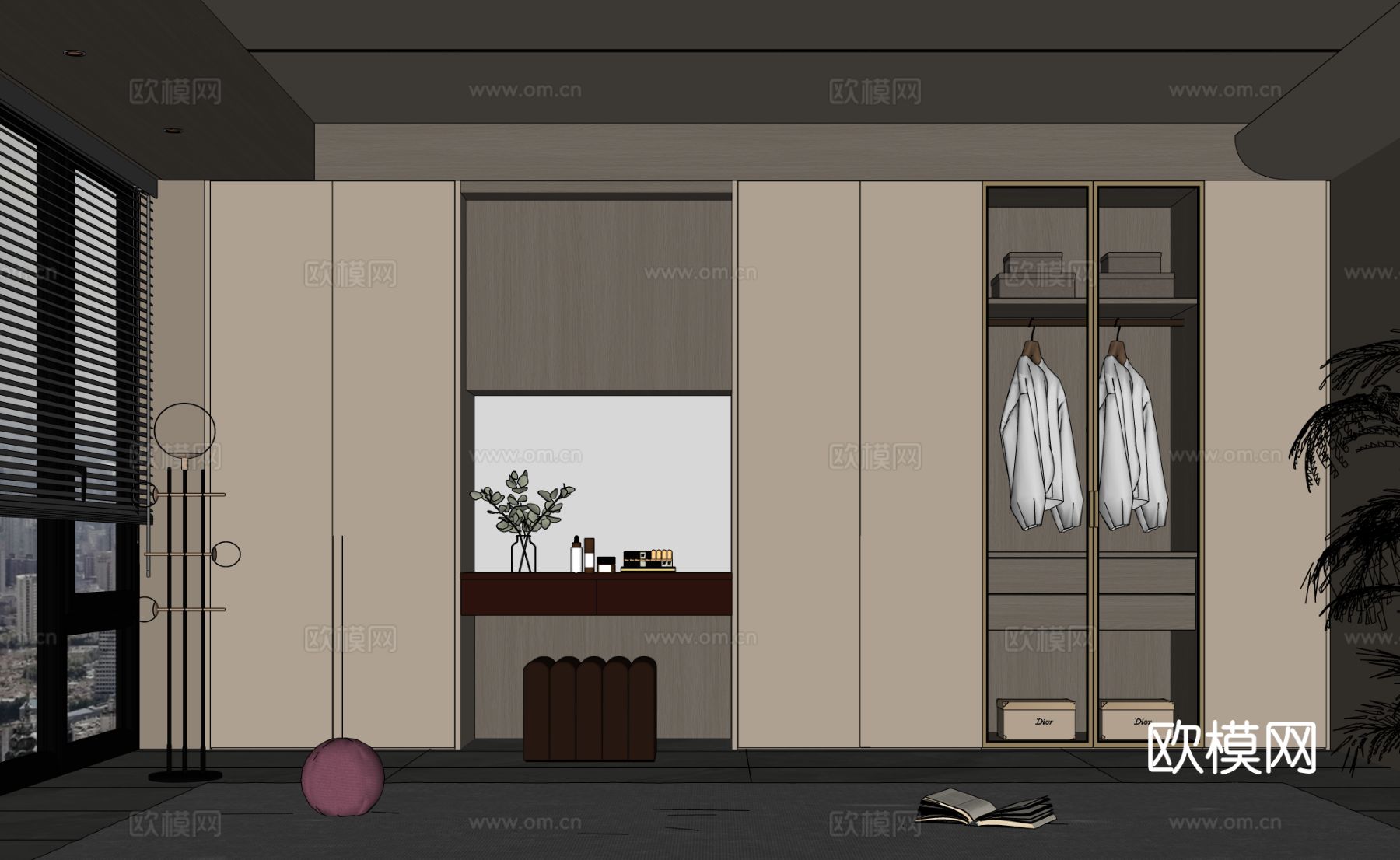现代衣帽间 一体式梳妆台su模型